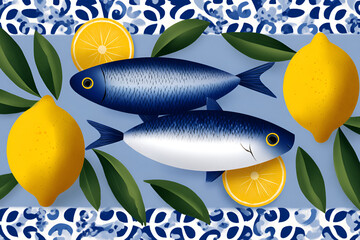 Colorful flat illustration featuring two fish surrounded by fresh lemons and green leaves on a decorative blue background, evoking a vibrant culinary theme