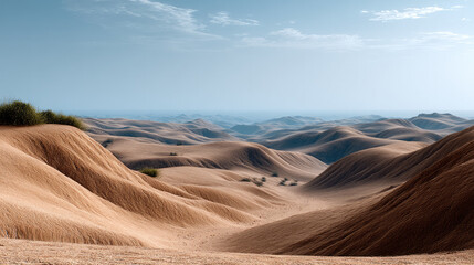 Vast ancient desert landscape with rolling sand dunes under clear blue sky, serene and untouched natural beauty