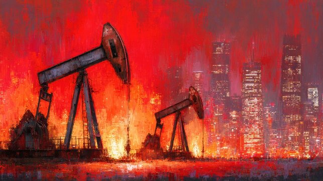 Visual Representation of Oil Price Decline and Market Crashes With Surreal Elements in 2026, Featuring Warm Tones and Dynamic Charts