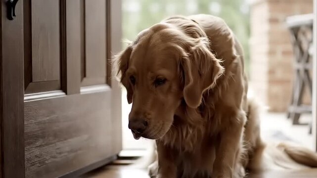 A lonely Sad Dog waits patiently by the door, feeling dejected