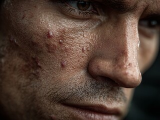 Obraz premium Close up view of a man's face showing acne and skin texture in natural light