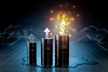 Concept of oil price changes. Rising oil prices. Increased oil production. Oil refining industry. Oil tanker. Global oil market. Barrels of oil. Environmental disaster. Fuel. Sanctions. 3d render