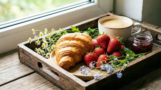 Breakfast tray with fresh strawberries, croissant, coffee cup, and wildflowers arranged beautifully by the window, showcasing a delightful morning scene with vibrant colors and inviting textures