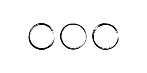 Three hand drawn black ink circles, abstract grunge round frames