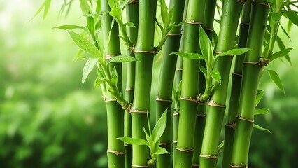 Fototapeta premium Bamboo stalks with green leaves in a serene natural environment, captured in a close-up view