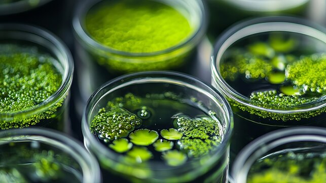 Algae microalgae biofuel research materials in lab flat lay top view