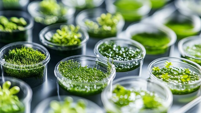 Algae microalgae biofuel research materials in lab flat lay top view