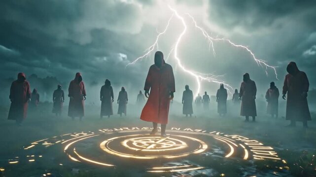 Cinematic red storm clouds covering a desolate landscape, sharp jagged lightning strikes illuminating twisted trees ruined buildings, eerie fog drifting ground, horror cinematic lighting, 4K slow pan