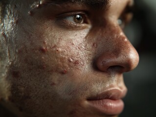 Obraz premium Close view of skin showing acne and skin texture on a person's face in a neutral setting during daylight hours
