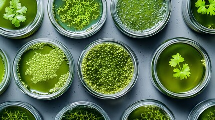 Obraz premium Algae microalgae biofuel research materials in lab flat lay top view