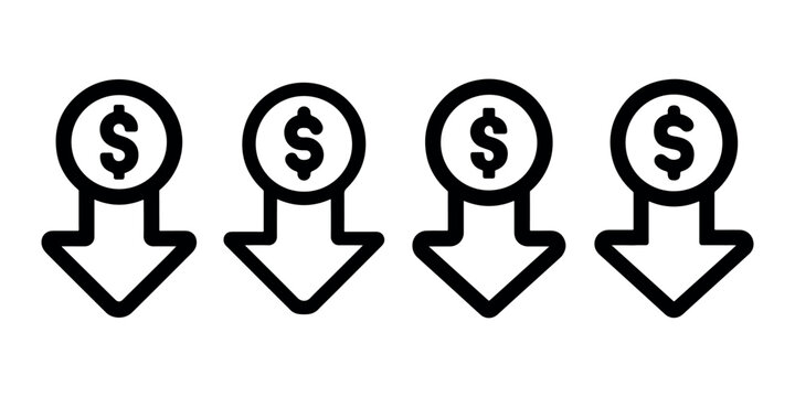 Four downward pointing arrows with dollar signs indicating falling prices or cost reduction