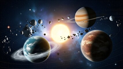 Planets and asteroids orbit around the sun in the vast universe scene viewed from space