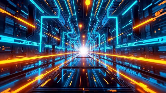 Futuristic corridor with glowing lines