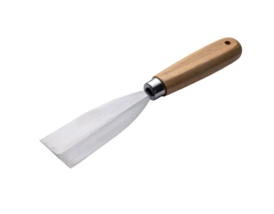 A metal putty knife with a wooden handle
