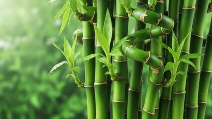 Obraz premium Bamboo stalks with leaves in a serene natural setting, captured in a close-up view