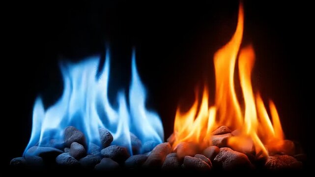 A split-screen image shows blue and orange flames over dark rocks against a black background