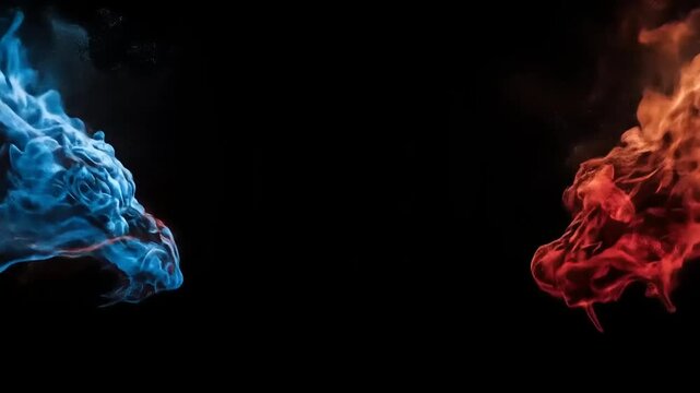 Two stylized dragon heads crafted from vibrant smoke face off against a black backdrop
