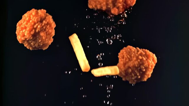 Chicken Nuggets and Fries Falling in Slow Motion