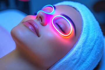 Relaxing facial treatment with neon light therapy at a spa in a modern setting