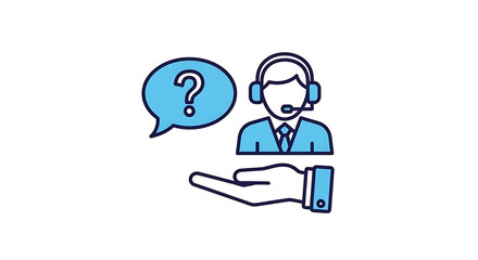 A customer service representative wearing a headset and offering help with a question mark in a speech bubble.