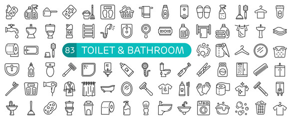 Toilet and Bathroom Essentials Icon Set Outline Style