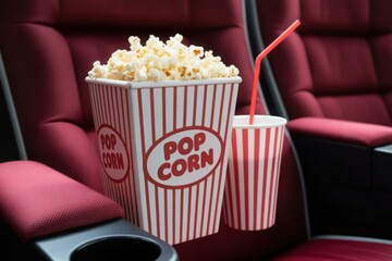 Popcorn and drink placed in the theater seat, ready to watch a movie