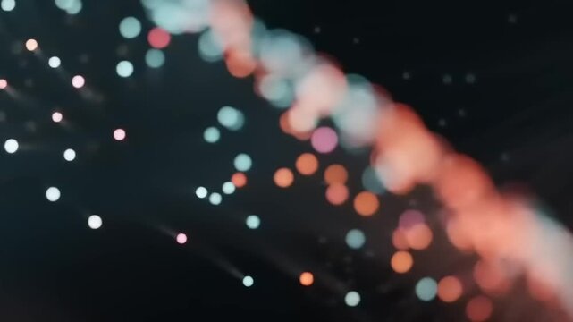 Abstract image of glowing orbs and parallel lines, with a gradient of colors on a dark background