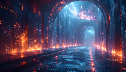 Futuristic digital landscape with glowing tunnels and vibrant colors