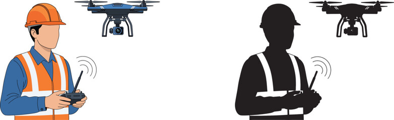 Construction worker operating drone with remote control and silhouette icon set