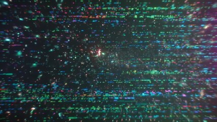 Abstract digital explosion, neon 8-bit pixels flying outward, RGB glitch artifacts, scanline distortion, retro arcade color palette, cyberpunk neon lights, pixel fragmentation, seamless looping - Powered by Adobe