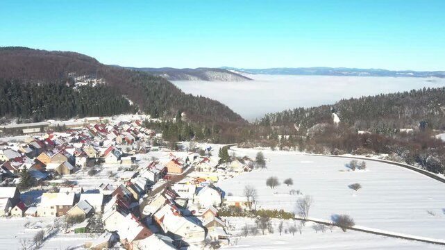 Panoramic view of town of Delnice in Gorski kotar in Croatia in winter