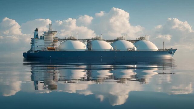 A large tanker ship moves across calm water transporting liquefied gas while clouds float in the sky above