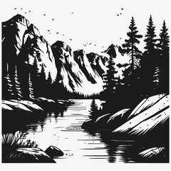 Pine forest and river sketch illustration vector