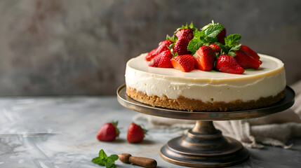 Delectable vanilla cheesecake with fresh strawberry and mint topping for dessert delight