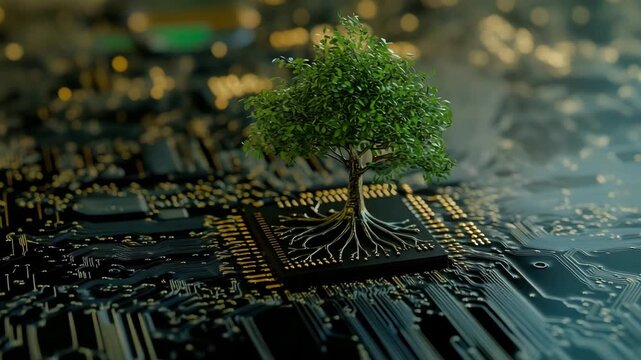 A tree with roots emerges from a circuit board, illustrating the connection between nature and technology in a modern setting