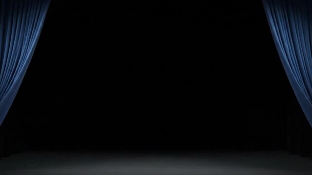 Elegant deep blue velvet curtains gracefully open and smoothly close revealing and concealing a dark stage with subtle