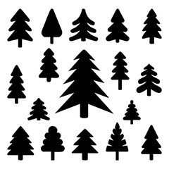 Obraz premium Set of black pine tree silhouettes and evergreen icons, Minimalist forest tree collection in flat vector style, Evergreen fir and spruce tree icons for nature design, Collection of conifer tree shapes