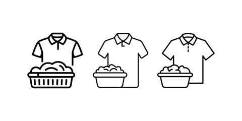 Laundry icons set including basket wash clothes and shirts with bubbles and foam