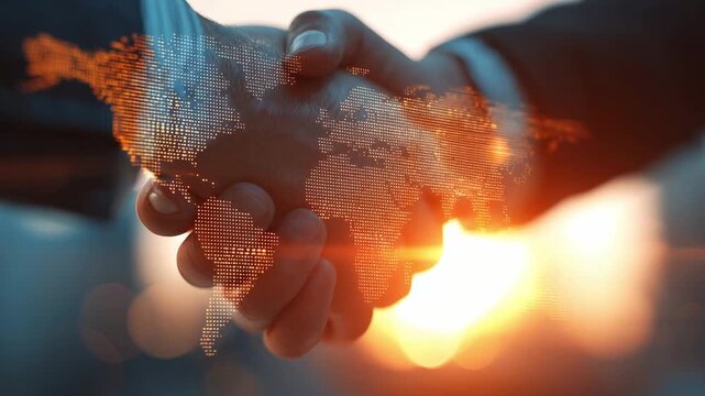 Two businessmen shake hands with a world map overlay as the sun sets in the background. Business deal, partnership