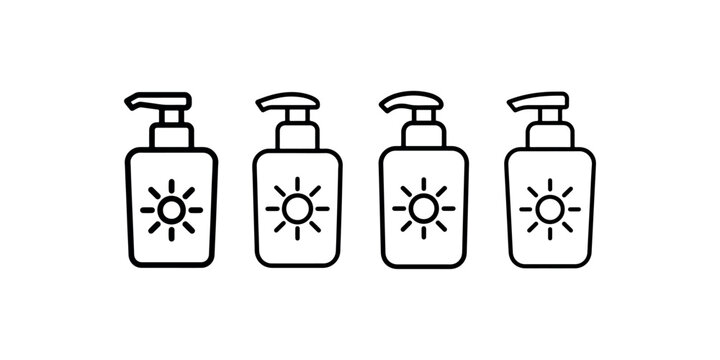 Sunscreen lotion bottles with sun icon linear design on white background summer skin care