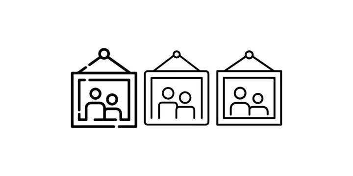 Three framed pictures hanging on wall showing outline icons of couples or people together