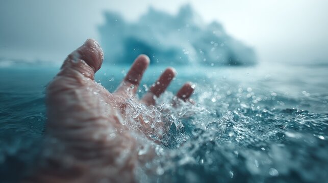 Hand reaching in cold ocean water