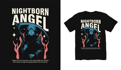 Nightborn Angel Anime japanese t shirt designs, anime gothic streetwear graphic t shirt vector, girl dark art streetwear design, Youth Urban Design for Print, Urban Style, Graphic for Apparel.