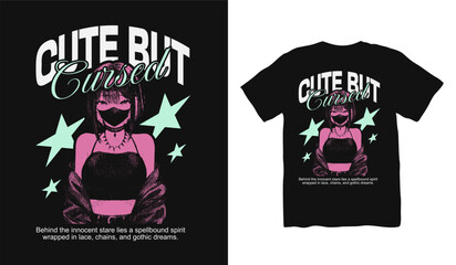 Cut but cursed Anime japanese t shirt designs, anime gothic streetwear graphic t shirt vector, girl dark art streetwear design, Youth Urban Design for Print, Urban Style, Graphic for Apparel.