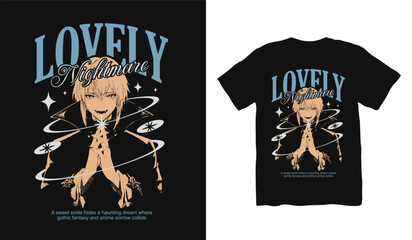 Lovely Nightmare Anime japanese t shirt designs, anime gothic streetwear graphic t shirt vector, girl dark art streetwear design, Youth Urban Design for Print, Urban Style, Graphic for Apparel.