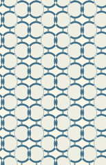 Abstract crisscrossing mesh round shapes in blue tone on a beige background form a seamless pattern.