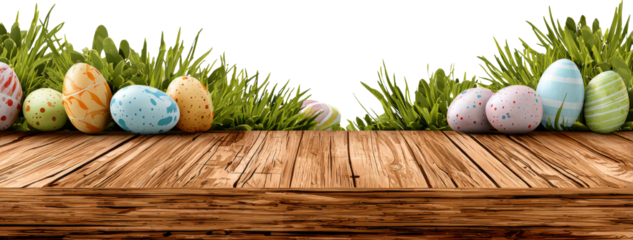 Colorful Easter Eggs Displayed on Rustic Wooden Table with Lush Green Grass Background