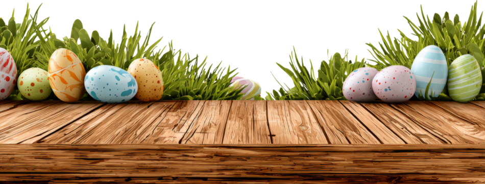 Colorful Easter Eggs Displayed on Rustic Wooden Table with Lush Green Grass Background - Powered by Adobe