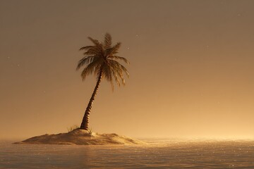 A deserted island with a single leaning palm tree, golden sunset light, minimal glowing background, detailed sand textures