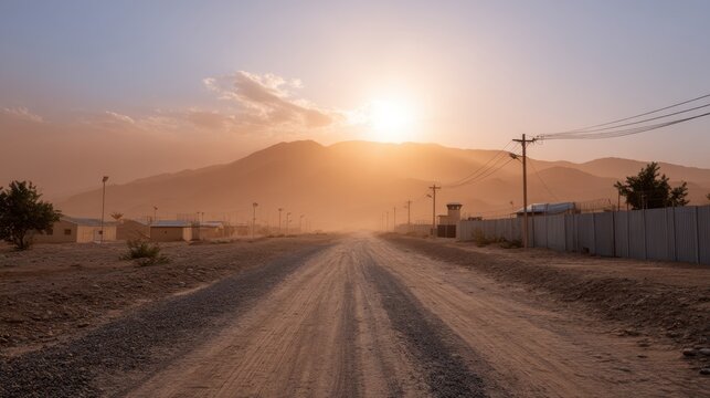 Colossal Sandstorm Engulfs Military Outpost and Surrounding Landscape at Sunset